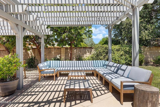 18845 Braemore Rd, Porter Ranch, CA 91326 - fenced backyard with an outdoor hangout area, a patio, and a pergola