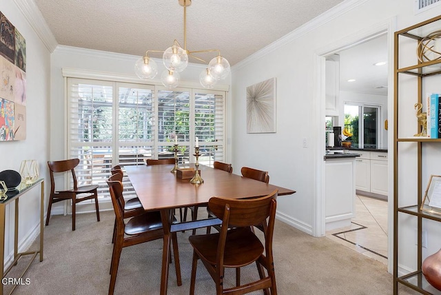 18845 Braemore Rd, Porter Ranch, CA 91326 - dining space featuring light carpet, crown molding, recessed lighting, and a textured ceiling