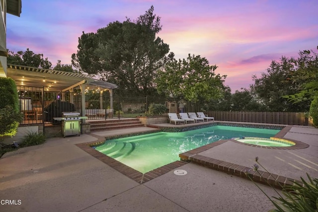 18845 Braemore Rd, Porter Ranch, CA 91326 - view of swimming pool with an in-ground hot tub, a patio area, a fenced backyard, a grill, and a pergola