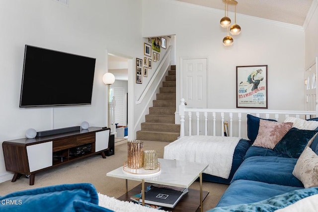 18845 Braemore Rd, Porter Ranch, CA 91326 - carpeted living area with crown molding, stairs, and a high ceiling