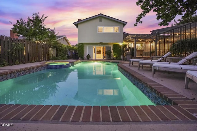 18845 Braemore Rd, Porter Ranch, CA 91326 - view of pool with a pergola, a fenced backyard, a patio area, and a pool with connected hot tub