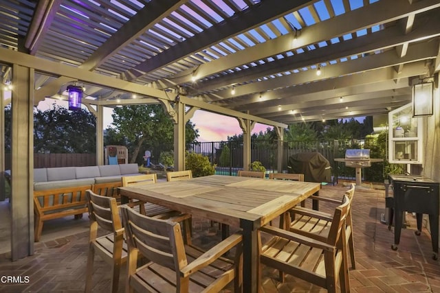 18845 Braemore Rd, Porter Ranch, CA 91326 - fenced backyard with outdoor dining space, grilling area, and a pergola