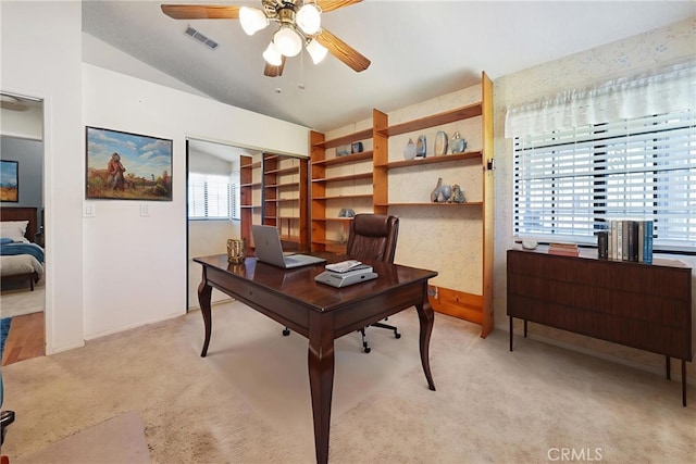 35632 Avocado St, Yucaipa, CA 92399 - office area featuring light carpet, a ceiling fan, and vaulted ceiling