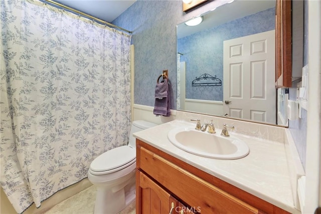 35632 Avocado St, Yucaipa, CA 92399 - full bath featuring vanity, a shower with curtain, wallpapered walls, and tile patterned floors