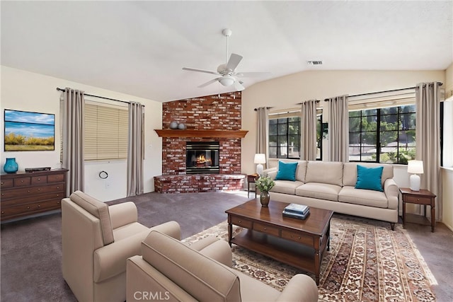 35632 Avocado St, Yucaipa, CA 92399 - living room featuring carpet floors, a ceiling fan, vaulted ceiling, and a fireplace