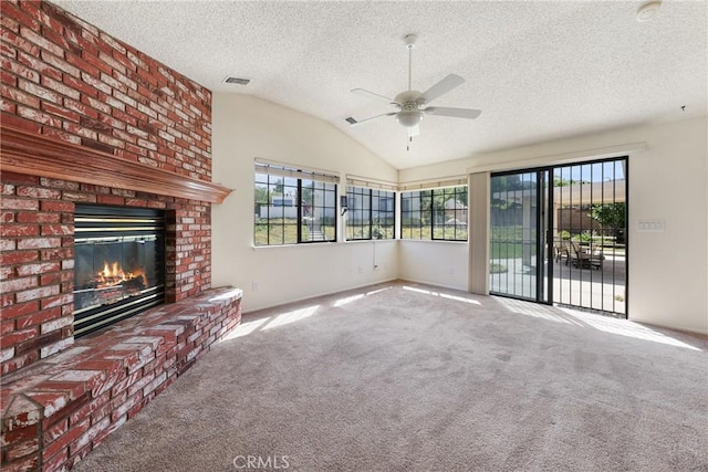 35632 Avocado St, Yucaipa, CA 92399 - unfurnished living room featuring ceiling fan, healthy amount of natural light, carpet flooring, a textured ceiling, and vaulted ceiling