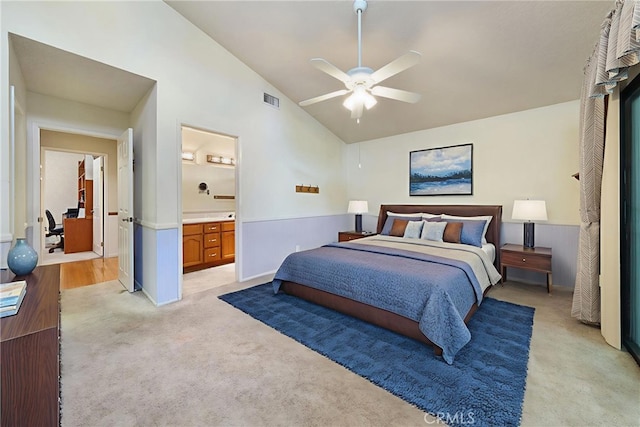 35632 Avocado St, Yucaipa, CA 92399 - bedroom with light colored carpet, a ceiling fan, ensuite bath, and high vaulted ceiling