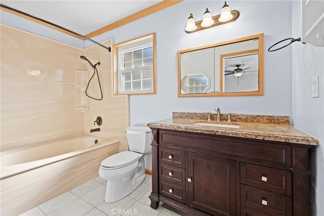 8609 Dunwoodie Rd, Santee, CA 92071 - bathroom featuring vanity, shower / tub combination, tile patterned flooring, crown molding, and ceiling fan