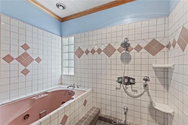 8609 Dunwoodie Rd, Santee, CA 92071 - full bathroom featuring ornamental molding, a whirlpool tub, and tile walls