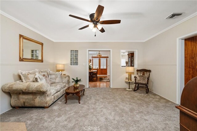4840 Heleo Ave, Temple City, CA 91780 - carpeted living area with crown molding and ceiling fan