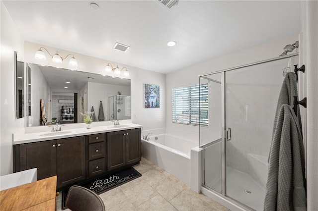 24212 Bay Laurel Ave, Murrieta, CA 92562 - full bath with a garden tub, double vanity, a shower stall, tile patterned floors, and recessed lighting