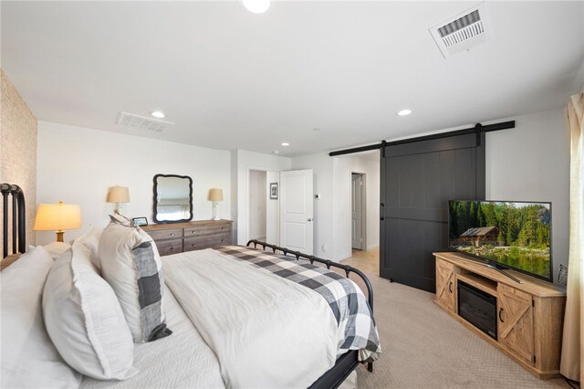 24212 Bay Laurel Ave, Murrieta, CA 92562 - bedroom with light colored carpet, a barn door, and recessed lighting