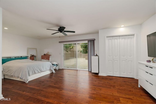 872 Via Arroyo, Ventura, CA 93003 - bedroom with access to outside, dark wood-type flooring, recessed lighting, a closet, and ceiling fan