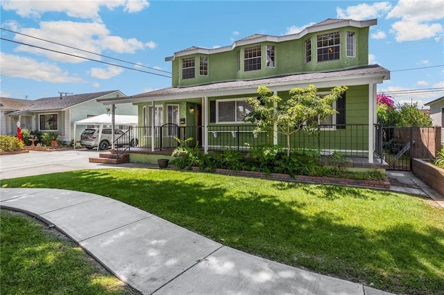 4159 Redline Dr, Lakewood, CA 90713 - view of front of property featuring covered porch, stucco siding, and a front lawn