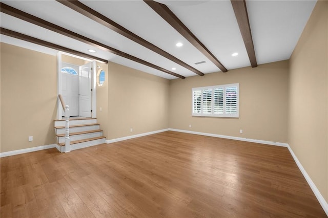 4159 Redline Dr, Lakewood, CA 90713 - unfurnished room with light wood finished floors, beamed ceiling, stairway, and recessed lighting