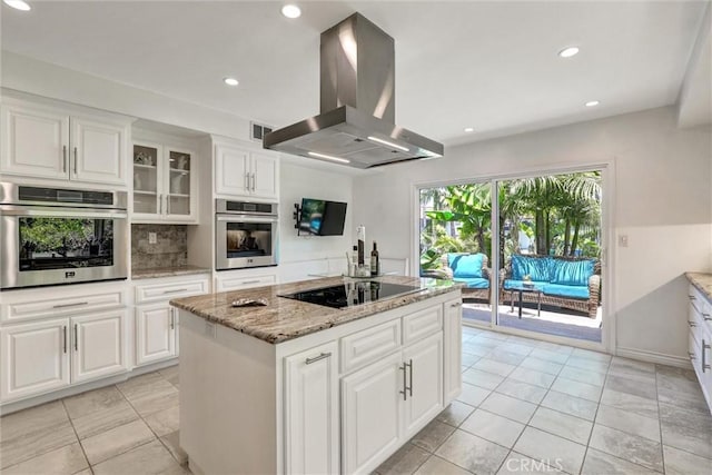 891 Palo Verde Ave, Long Beach, CA 90815 - kitchen with oven, island range hood, black electric stovetop, a kitchen island, and recessed lighting