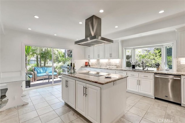 891 Palo Verde Ave, Long Beach, CA 90815 - kitchen with stainless steel dishwasher, island range hood, black electric cooktop, backsplash, and recessed lighting