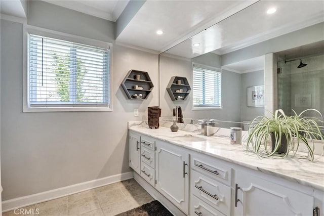 891 Palo Verde Ave, Long Beach, CA 90815 - full bathroom featuring crown molding, vanity, tiled shower, and recessed lighting