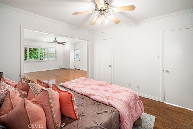 209 S Homerest Ave, West Covina, CA 91791 - bedroom with wood finished floors, crown molding, and ceiling fan