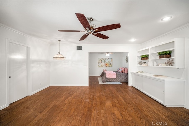 209 S Homerest Ave, West Covina, CA 91791 - unfurnished living room with crown molding, ceiling fan, wood finished floors, and recessed lighting