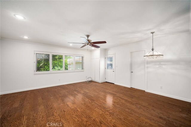 209 S Homerest Ave, West Covina, CA 91791 - empty room with ceiling fan, dark wood-style flooring, recessed lighting, and ornamental molding