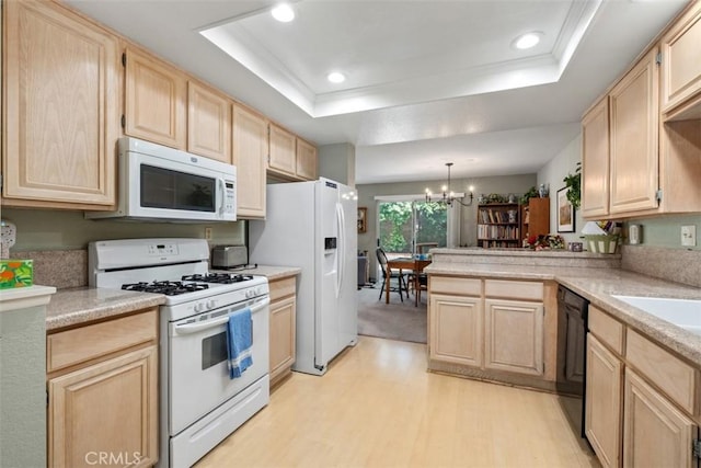13562 Mahogany Pl, Tustin, CA 92782 - kitchen featuring white appliances, light brown cabinetry, light wood-type flooring, a raised ceiling, and recessed lighting