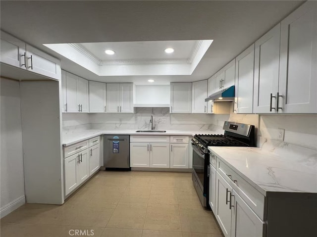 4539 Brookview Ct, Chino Hills, CA 91709 - kitchen with appliances with stainless steel finishes, a raised ceiling, ornamental molding, under cabinet range hood, and white cabinetry