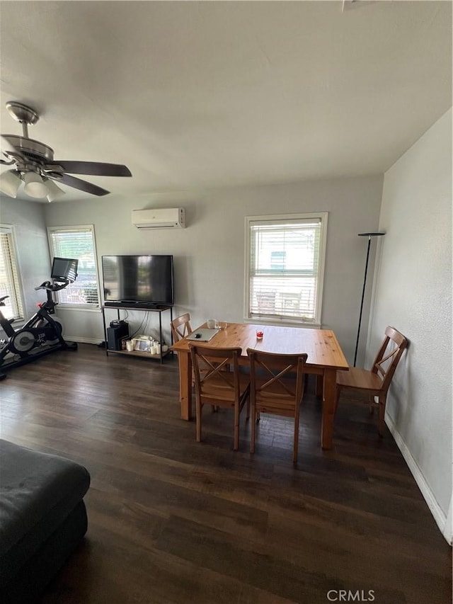 246 E 27th St, San Bernardino, CA 92404 - dining area featuring a wall mounted AC, wood finished floors, and ceiling fan