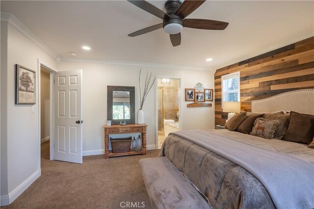 813 Brentwood Dr, Lake Arrowhead, CA 92352 - carpeted bedroom featuring crown molding, wooden walls, recessed lighting, ensuite bath, and ceiling fan