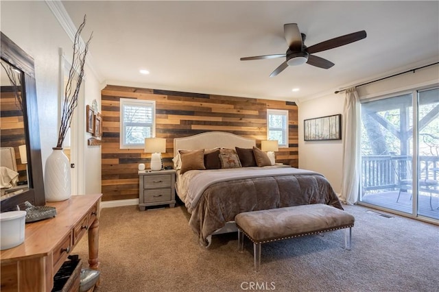 813 Brentwood Dr, Lake Arrowhead, CA 92352 - bedroom with wood walls, access to outside, light colored carpet, multiple windows, and recessed lighting