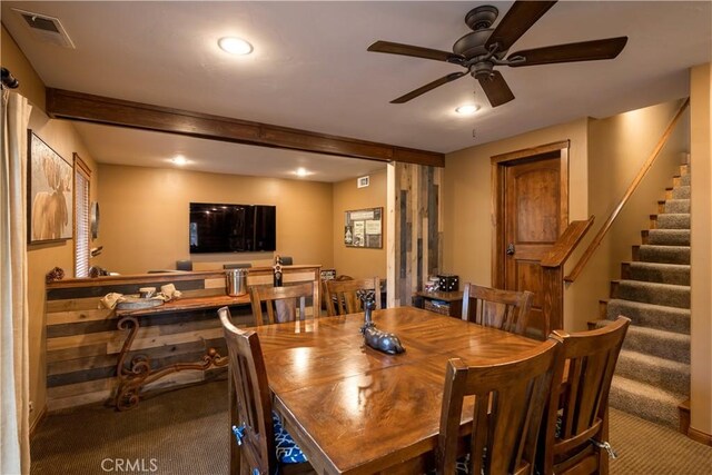 813 Brentwood Dr, Lake Arrowhead, CA 92352 - carpeted dining room featuring a ceiling fan, stairway, and recessed lighting