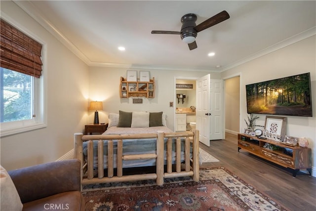 813 Brentwood Dr, Lake Arrowhead, CA 92352 - bedroom with wood finished floors, crown molding, recessed lighting, ensuite bathroom, and ceiling fan