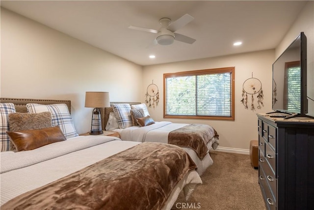 813 Brentwood Dr, Lake Arrowhead, CA 92352 - bedroom featuring dark colored carpet, recessed lighting, and a ceiling fan