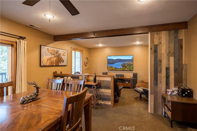 813 Brentwood Dr, Lake Arrowhead, CA 92352 - dining area with carpet floors, plenty of natural light, a ceiling fan, recessed lighting, and beamed ceiling