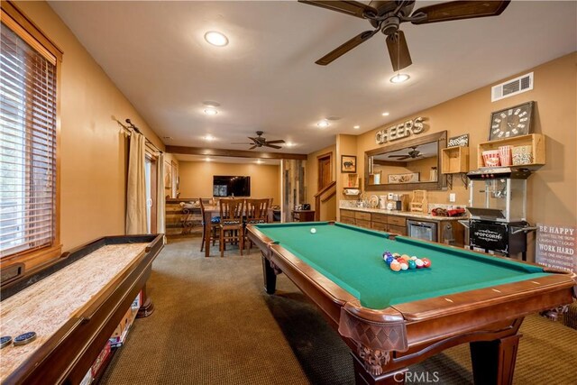 813 Brentwood Dr, Lake Arrowhead, CA 92352 - game room with ceiling fan, carpet floors, billiards table, and recessed lighting