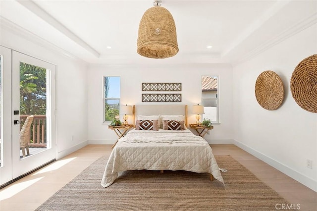 6407 Ruby, Carlsbad, CA 92011 - bedroom with access to outside, a tray ceiling, light wood-type flooring, and recessed lighting