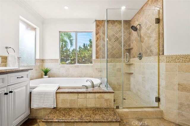 6407 Ruby, Carlsbad, CA 92011 - full bathroom with a garden tub, vanity, a shower stall, ornamental molding, and recessed lighting