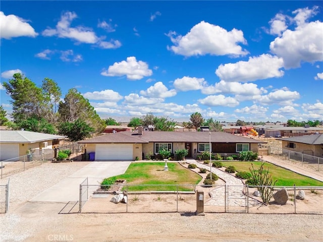 21821 Carlisle Rd, Apple Valley, CA 92307 - ranch-style home with concrete driveway, an attached garage, a gate, and a chimney