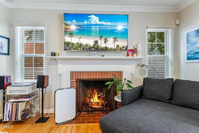 357 Northcliff Rd, Pasadena, CA 91107 - living area featuring ornamental molding, wood finished floors, and a fireplace