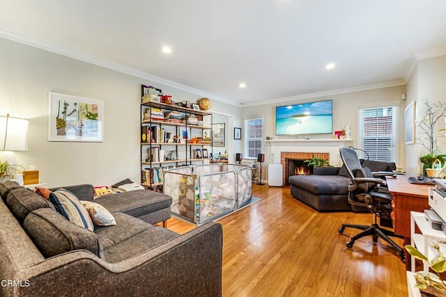 357 Northcliff Rd, Pasadena, CA 91107 - office featuring wood-type flooring, ornamental molding, a fireplace, and recessed lighting