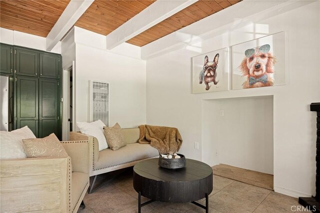 531 Rose Ln, Twin Peaks, CA 92391 - living area featuring a wooden ceiling with exposed beams, light tile patterned floors, and a heating unit