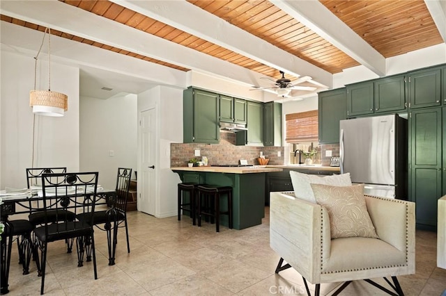 531 Rose Ln, Twin Peaks, CA 92391 - kitchen featuring green cabinetry, freestanding refrigerator, decorative backsplash, a wooden ceiling with exposed beams, and light countertops