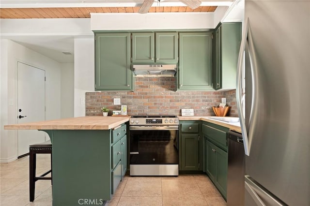 531 Rose Ln, Twin Peaks, CA 92391 - kitchen with appliances with stainless steel finishes, green cabinetry, under cabinet range hood, backsplash, and a breakfast bar area