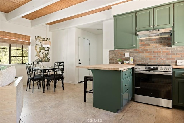 531 Rose Ln, Twin Peaks, CA 92391 - kitchen featuring green cabinetry, electric range, under cabinet range hood, a wood ceiling with exposed beams, and a kitchen breakfast bar