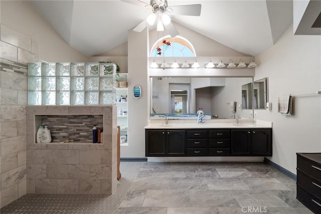 11056 Orchard View Ln, Riverside, CA 92503 - bathroom featuring vaulted ceiling, double vanity, a walk in shower, and a ceiling fan