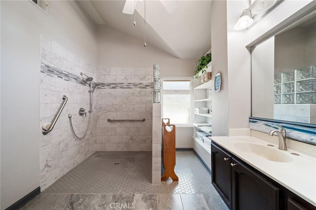 11056 Orchard View Ln, Riverside, CA 92503 - bathroom with lofted ceiling, vanity, tiled shower, and ceiling fan