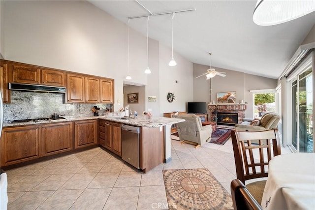 11056 Orchard View Ln, Riverside, CA 92503 - kitchen with stainless steel appliances, under cabinet range hood, brown cabinetry, a fireplace, and ceiling fan