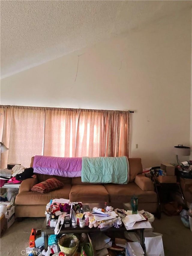1235 Callas Dr, Oxnard, CA 93035 - living area featuring a textured ceiling, lofted ceiling, and carpet floors