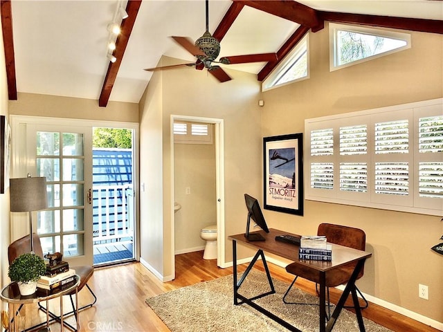 4719 E E Colorado St, Long Beach, CA 90814 - office space featuring wood finished floors, beamed ceiling, a ceiling fan, track lighting, and high vaulted ceiling