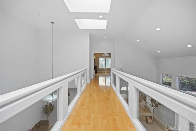 1872 Caminito De La Narcissa, Glendale, CA 91208 - corridor with a skylight, light wood-style floors, recessed lighting, crown molding, and vaulted ceiling